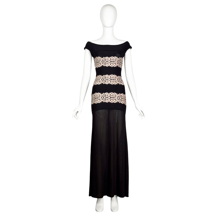 VINTAGE HERVÉ LÉGER AW 1997 BLACK & NUDE LACE PRINT GOWN