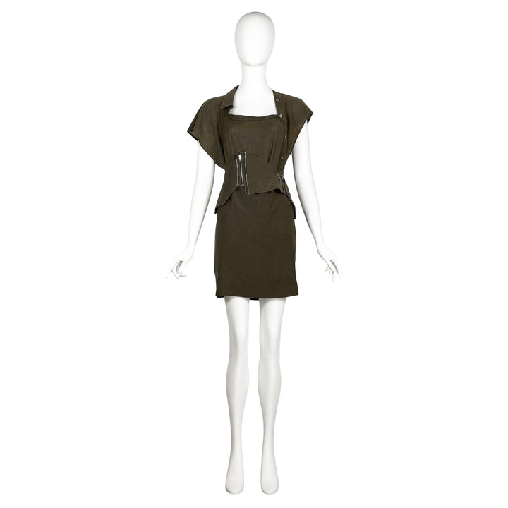 VINTAGE HUSSEIN CHALAYAN AW 2003 ARMY GREEN ZIPPER DRESS