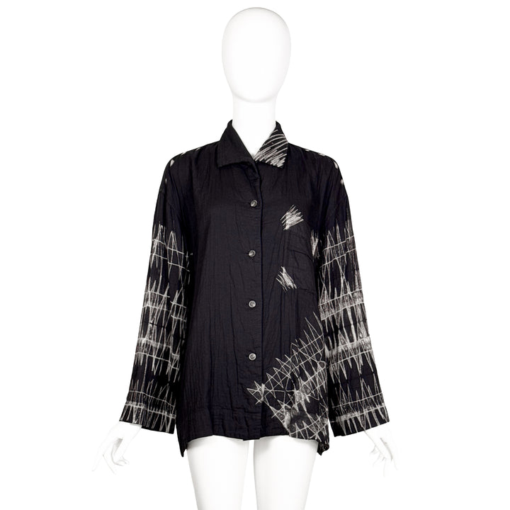 VINTAGE ISSEY MIYAKE AW 1993 MIDNIGHT & CREAM ABSTRACT SHIBORI PRINT SHIRT JACKET