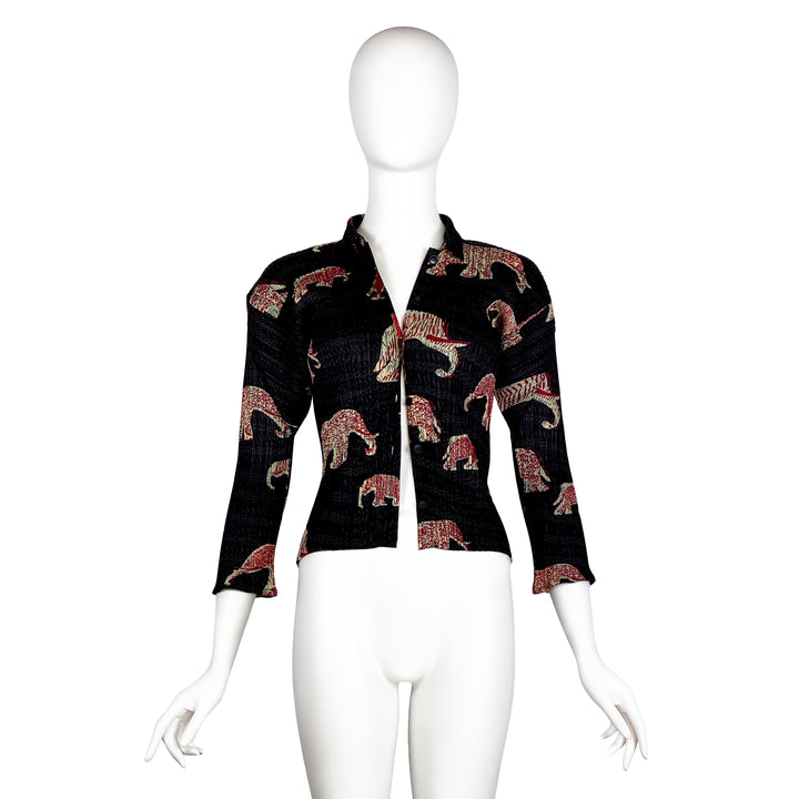 VINTAGE ISSEY MIYAKE RED ELEPHANT PRINT PLISSE CARDIGAN