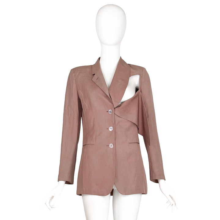 VINTAGE JEAN PAUL GAULTIER 1990'S MAUVE SILK LINEN DECONSTRUCTED DRAPE JACKET
