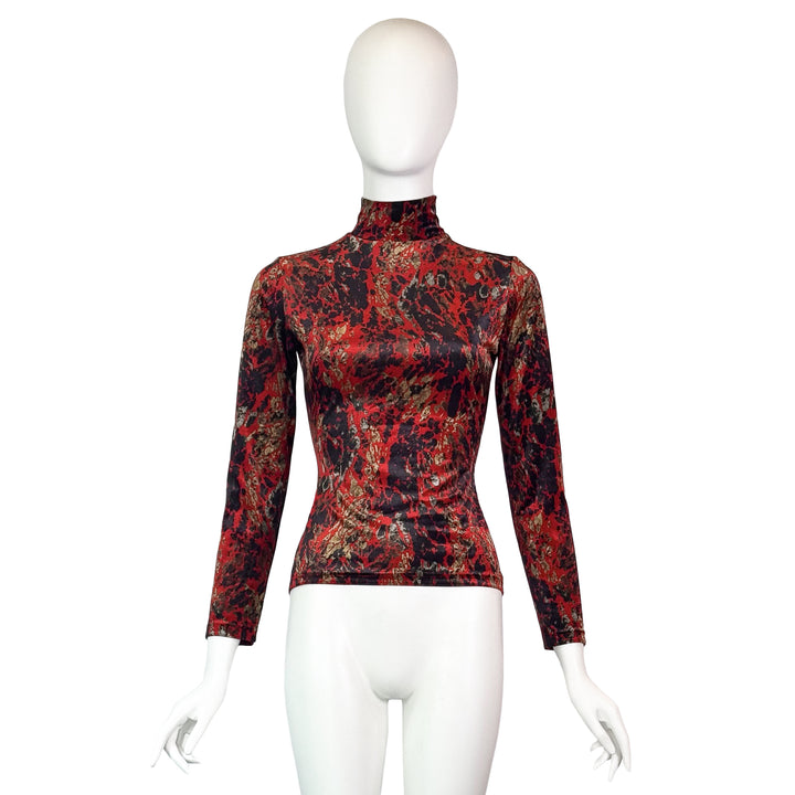 VINTAGE JEAN PAUL GAULTIER RED MARBLE PRINT VELVET TURTLENECK