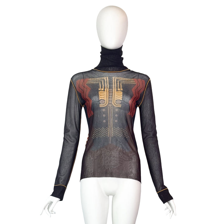 VINTAGE JEAN PAUL GAULTIER RUST & YELLOW CONSTRUCTIVIST PRINT MESH TURTLENECK