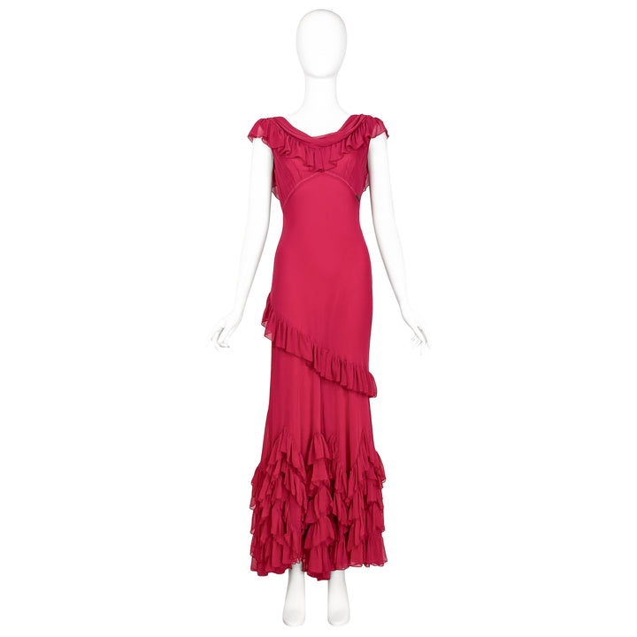 VINTAGE JOHN GALLIANO CIRCA 2006 BRIGHT PINK RUFFLE GOWN