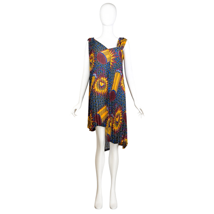 VINTAGE JUNYA WATANABE SS 2009 BLUE & YELLOW FLAMING HEART PRINT PLISSE DRESS