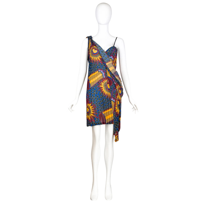 VINTAGE JUNYA WATANABE SS 2009 BLUE & YELLOW FLAMING HEART PRINT TOGA DRESS