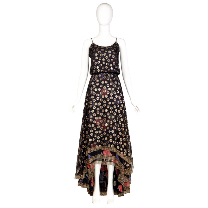VINTAGE KOOS VAN DEN AKKER 1970'S BLACK & METALLIC GOLD FLORAL BLOUSE & SKIRT ENSEMBLE