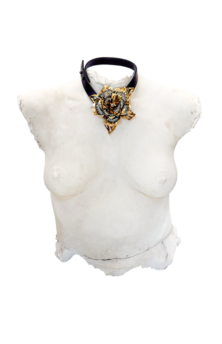 VINTAGE ALBER ELBAZ FOR LANVIN AW 2011 JEWELED LASER CUT FLORAL LEATHER NECKLACE