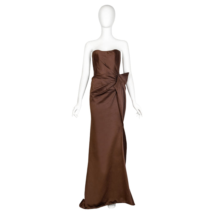 VINTAGE ALBER ELBAZ FOR LANVIN PRE-FALL 2010 CHOCOLATE BROWN SATIN STRAPLESS GOWN
