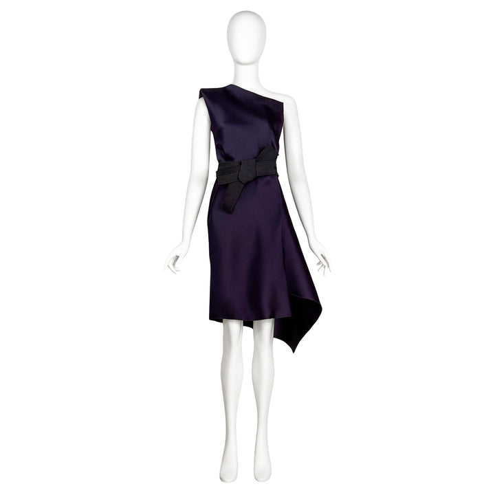 VINTAGE ALBER ELBAZ FOR LANVIN SS 2013 PURPLE SATIN ASYMMETRICAL OBI BELT COCKTAIL DRESS