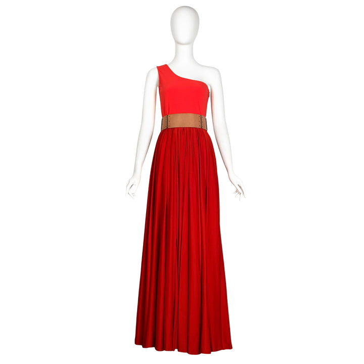 VINTAGE ALBER ELBAZ FOR LANVIN SS 2011 ORANGE RED ASYMMETRICAL GOWN & LEATHER BELT