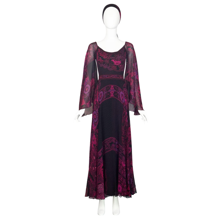 VINTAGE LEONARD 1970'S FUCHSIA & BLACK FLORAL PRINT MAXI DRESS & SCARF