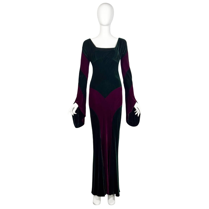 VINTAGE NORMA KAMALI PURPLE & GREEN VELVET LONG SLEEVE GOWN