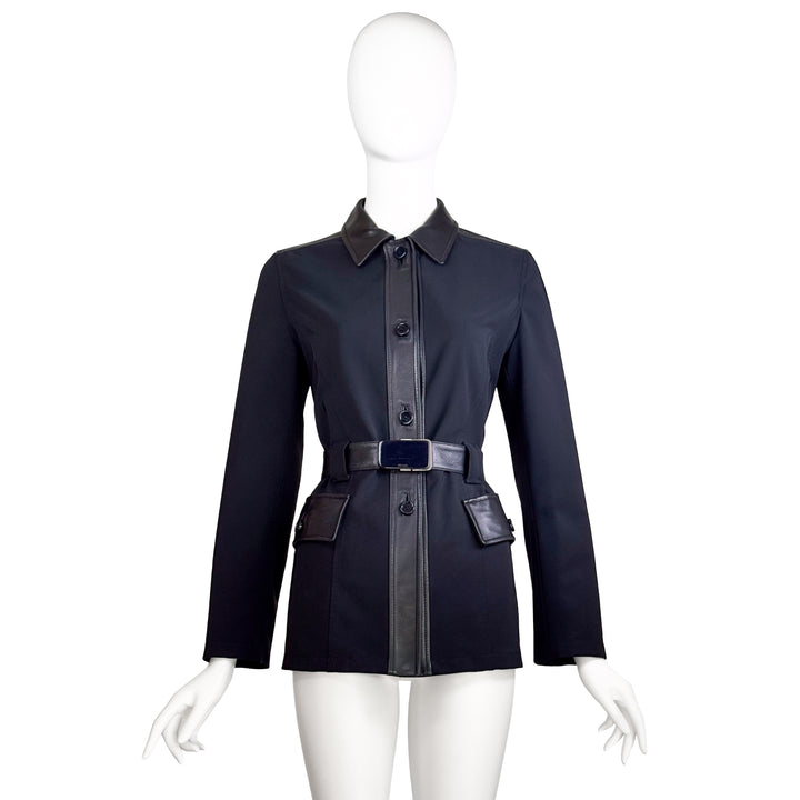 VINTAGE PRADA 1990'S NAVY LEATHER TRIM BELTED JACKET