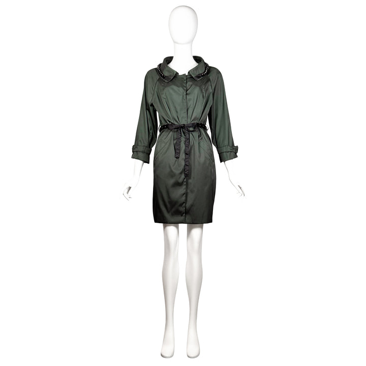 VINTAGE PRADA RESORT 2009 GREEN & JET BLACK JEWEL ADORNED BELTED COAT