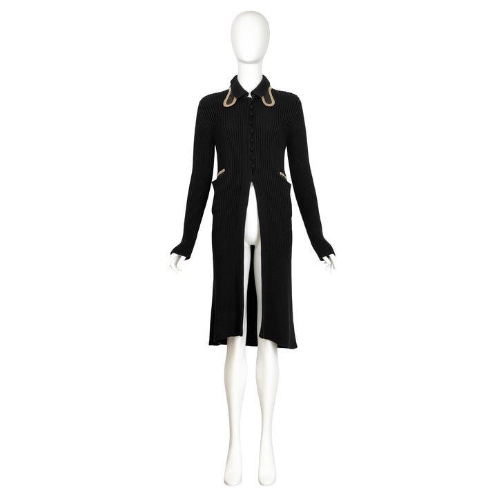 VINTAGE PRADA SS 2008 BLACK KNIT & GOLD LEATHER TRIM CARDIGAN