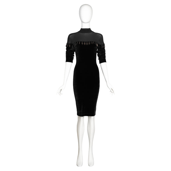 VINTAGE RIFAT OZBEK 1990'S BLACK VELVET & METAL DECAL DRESS
