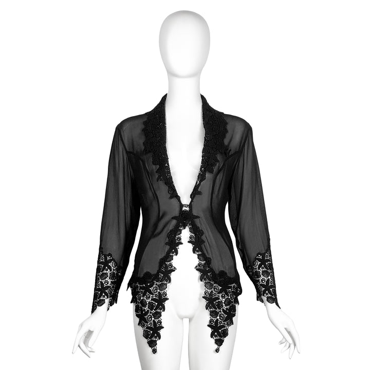 VINTAGE RIFAT OZBEK AW 1993 BLACK LACE STARFISH TRIM BLOUSE