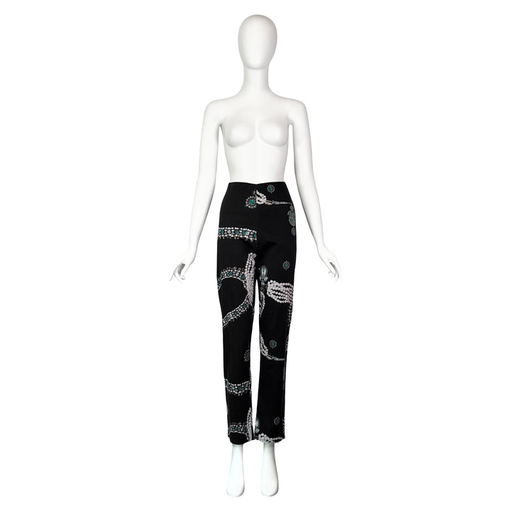 VINTAGE ROMEO GIGLI BLACK GREEN & WHITE JEWELRY PRINT PANTS