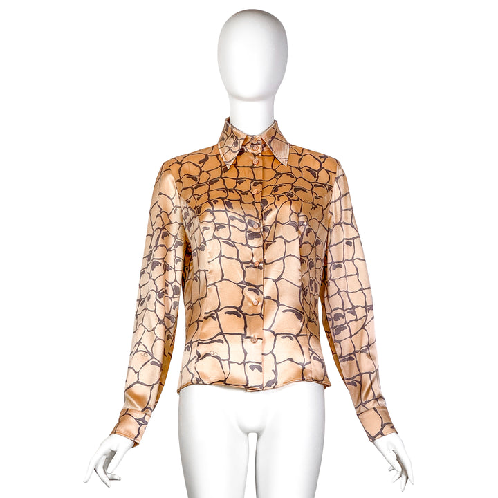 VINTAGE VALENTINO PEACH & GREY NET PRINT SILK BLOUSE