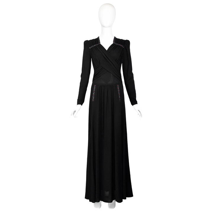 VINTAGE LATE 1930'S / EARLY 1940'S BLACK ART DECO JEWELED LONG SLEEVE GOWN