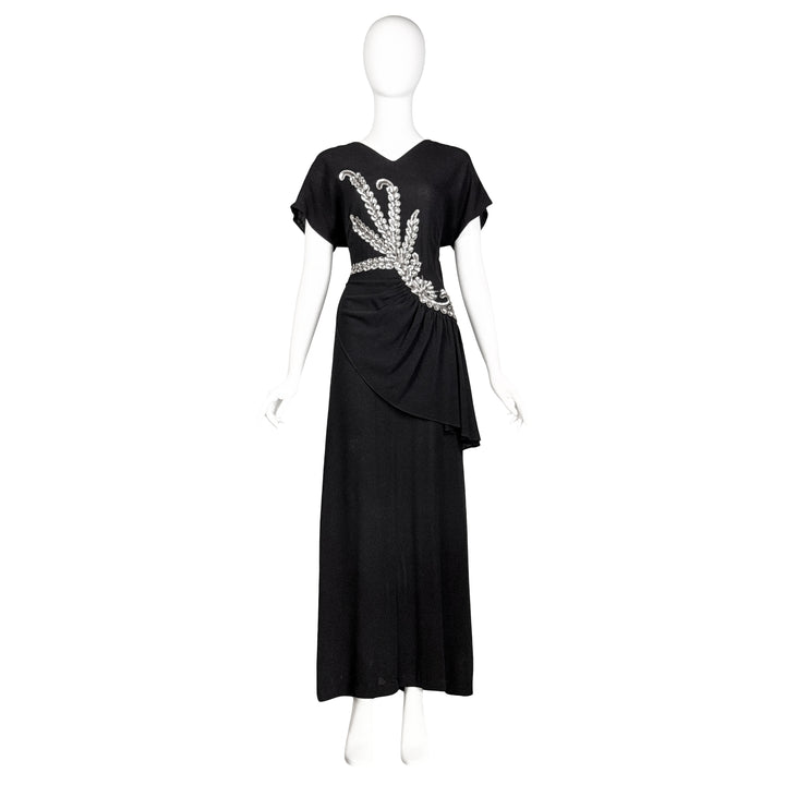 VINTAGE 1940'S BLACK FLORAL SILVER SEQUIN APPLIQUÉ GOWN