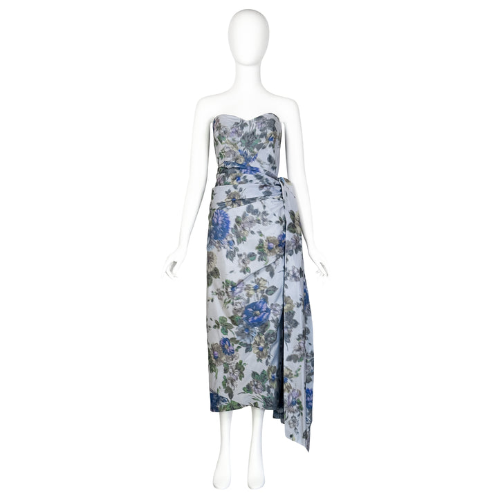 VINTAGE 1950'S SKY BLUE FLORAL TAFFETA STRAPLESS GOWN