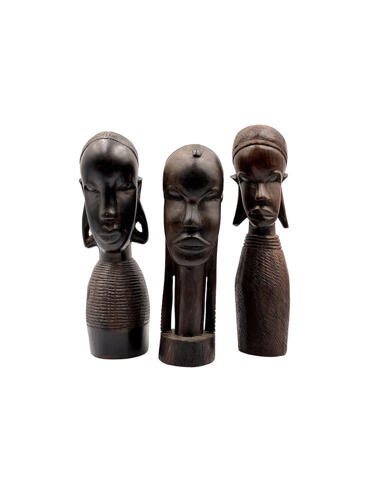 VINTAGE AFRICAN SET OF 3 EBONY WOOD HAND CARVED FIGURINES