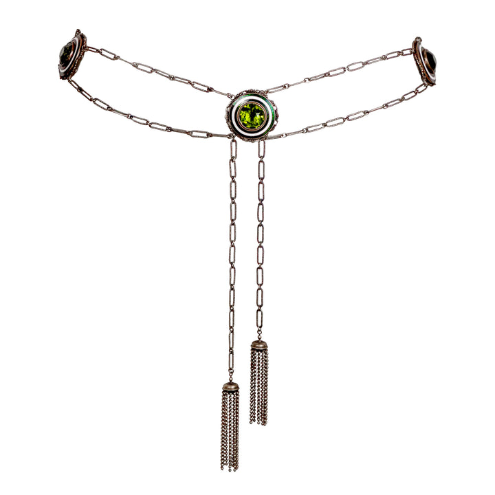 VINTAGE ART DECO EARLY 20TH CENTURY GREEN CRYSTAL & BRASS CHAIN TASSEL BELT