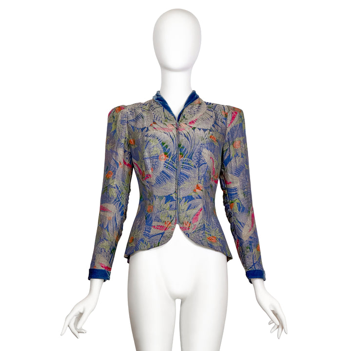VINTAGE 1930'S ART DECO BLUE VELVET & GOLD LAMÉ ABSTRACT FLORAL JACKET