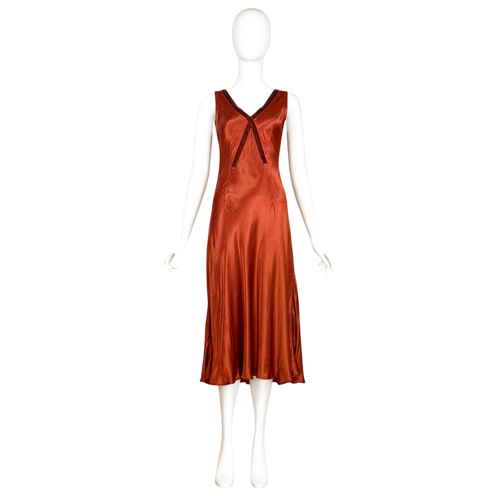 VINTAGE VOYAGE BURNT ORANGE RIBBON BIAS SLIP DRESS