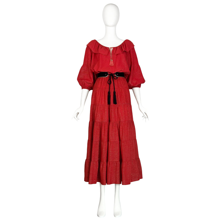 VINTAGE YVES SAINT LAURENT 1977 RED & GOLD LUREX STRIPE PEASANT BLOUSE & SKIRT ENSEMBLE