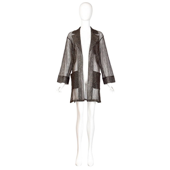 VINTAGE YVES SAINT LAURENT 1990'S BLACK & GOLD LAMÉ SHEER EVENING COAT