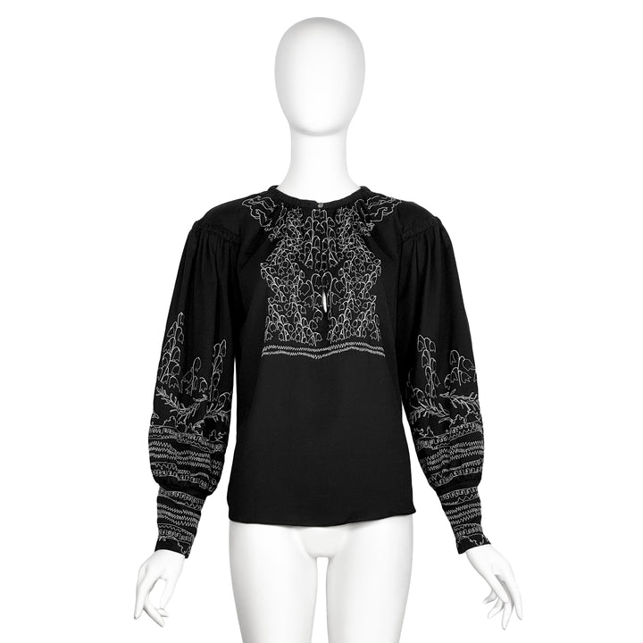 VINTAGE STEFANO PILATI FOR YVES SAINT LAURENT 2005 BLACK & WHITE EMBROIDERED ROMANIAN BLOUSE