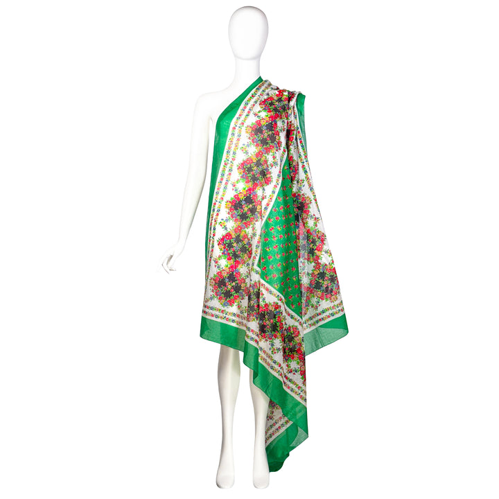 VINTAGE YVES SAINT LAURENT AW 1976 GREEN FLORAL COTTON SARONG SCARF