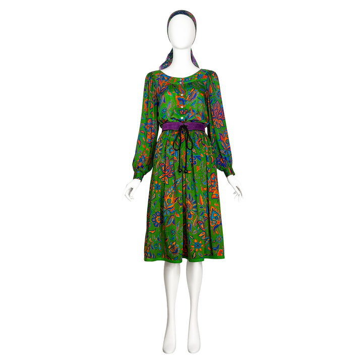 VINTAGE YVES SAINT LAURENT AW 1976 NEON GREEN FLORAL PEASANT TOP & SKIRT ENSEMBLE