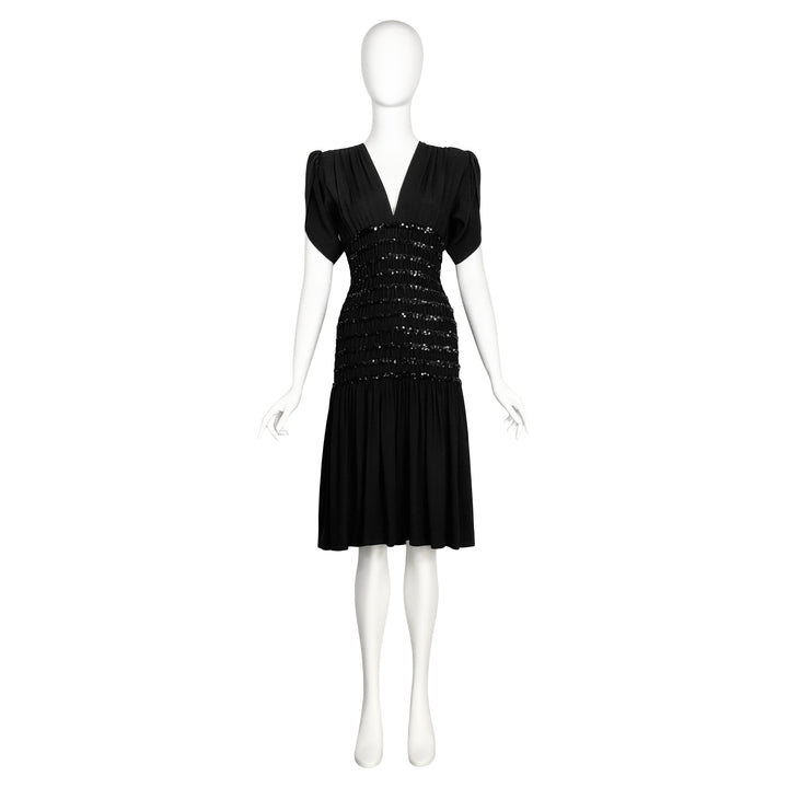 VINTAGE YVES SAINT LAURENT AW 1983 BLACK RUCHED SEQUIN WAIST DRESS