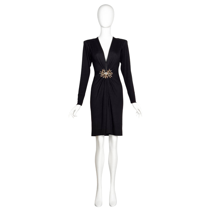 VINTAGE YVES SAINT LAURENT AW 1985 BLACK & GOLD JEWELED CORAL COCKTAIL DRESS