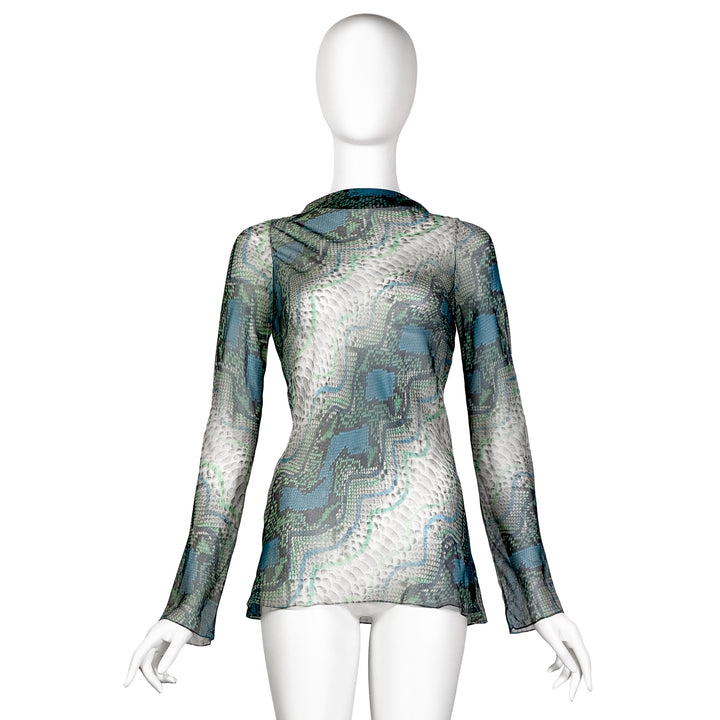 VINTAGE STEFANO PILATI FOR YVES SAINT LAURENT PRE-FALL 2011 GREEN & TEAL SNAKE PRINT CHIFFON BLOUSE