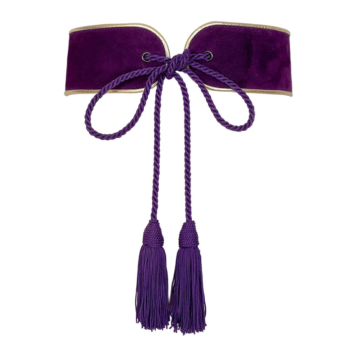 VINTAGE YVES SAINT LAURENT PURPLE SUEDE & GOLD TRIM TASSEL BELT