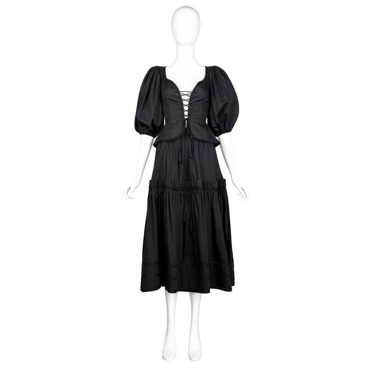 VINTAGE YVES SAINT LAURENT SS 1977 BLACK PEASANT CORSET BLOUSE & SKIRT ENSEMBLE