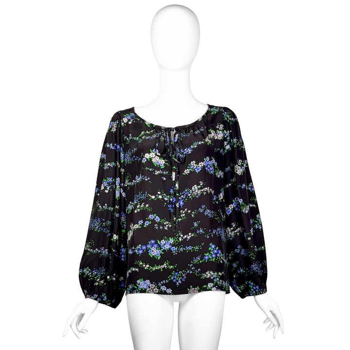 VINTAGE YVES SAINT LAURENT SS 1977 BLUE & GREEN FLORAL PEASANT BLOUSE