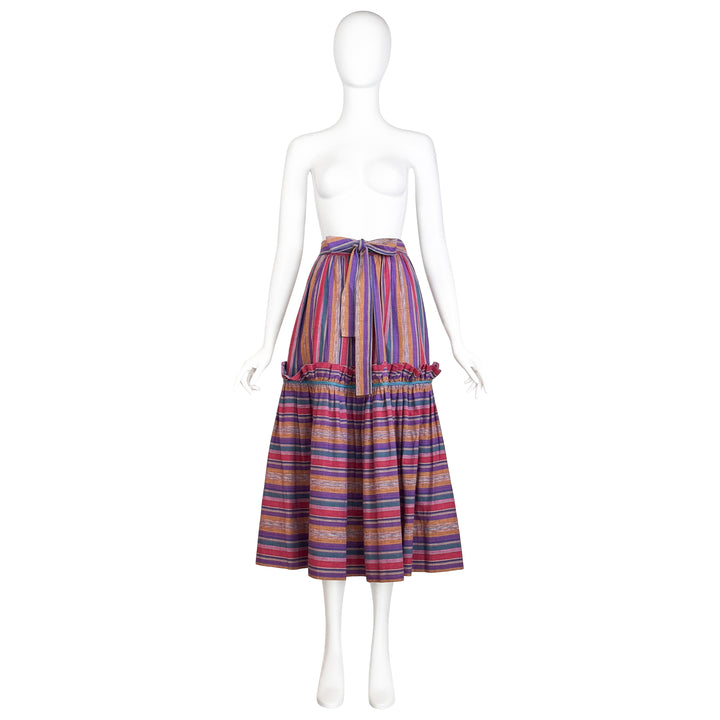 VINTAGE YVES SAINT LAURENT SS 1977 PURPLE PINK & YELLOW STRIPE RUFFLE SKIRT