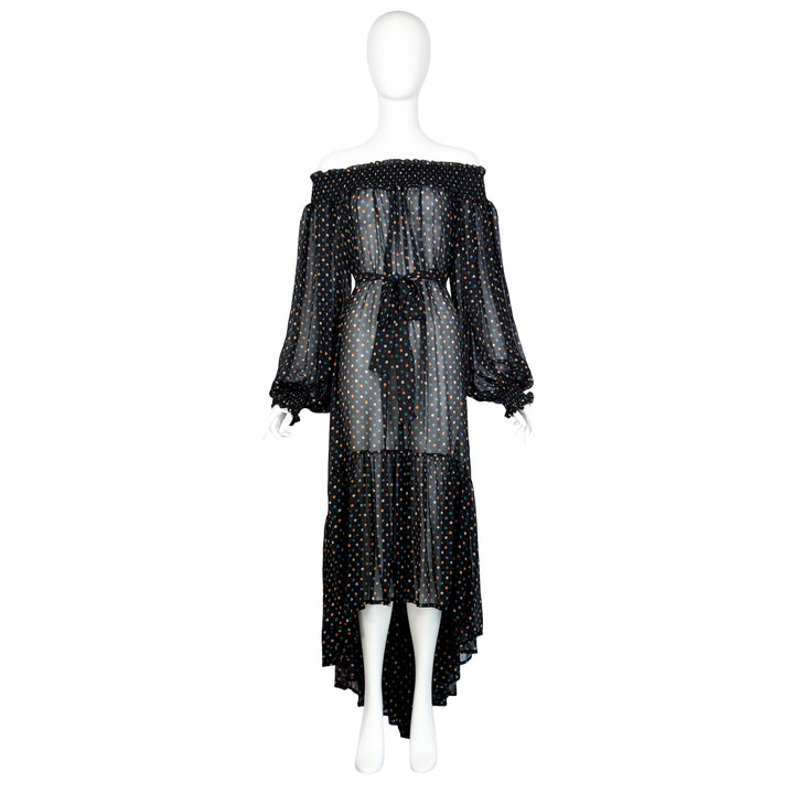 VINTAGE YVES SAINT LAURENT SS 1978 NAVY POLKADOT GOWN & SASH