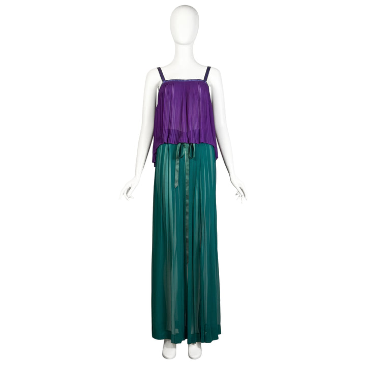 VINTAGE YVES SAINT LAURENT SS 1979 PURPLE & GREEN SILK PLISSE TOP & SKIRT ENSEMBLE
