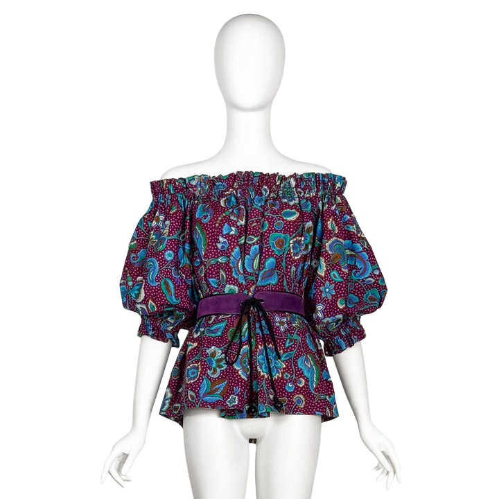 VINTAGE YVES SAINT LAURENT SS 1983 BLUE & FUCHSIA FLORAL PEASANT BLOUSE