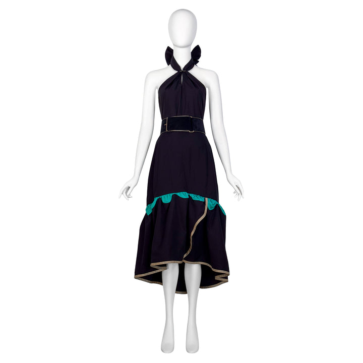 VINTAGE STEFANO PILATI FOR YVES SAINT LAURENT SS 2010 BLACK & TURQUOISE HALTER TOP SKIRT ENSEMBLE & BELT