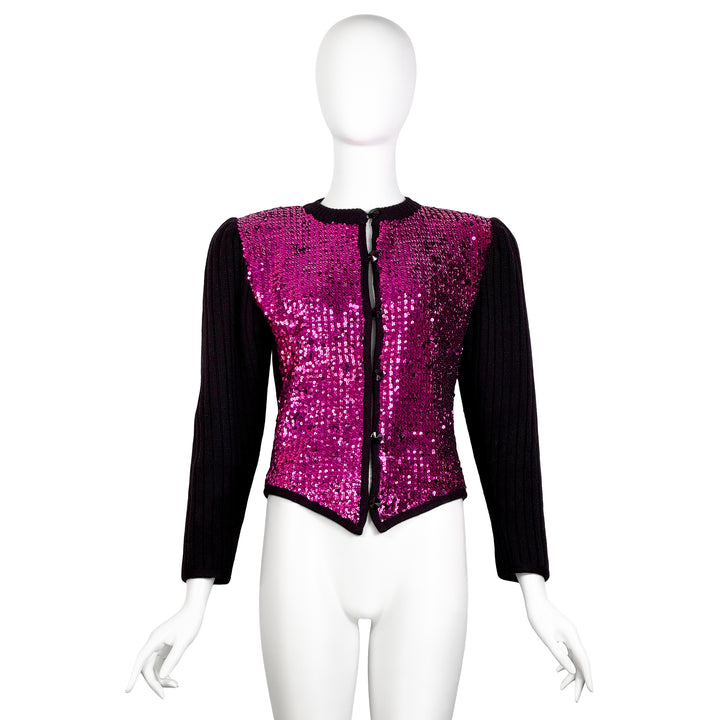 VINTAGE YVES SAINT LAURENT AW 1983 FUCHSIA SEQUIN BLACK KNIT CARDIGAN