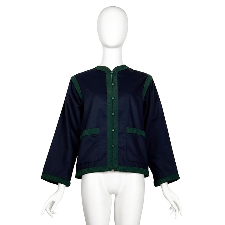 VINTAGE YVES SAINT LAURENT SS 1977 NAVY BLUE & GREEN TRIM JACKET