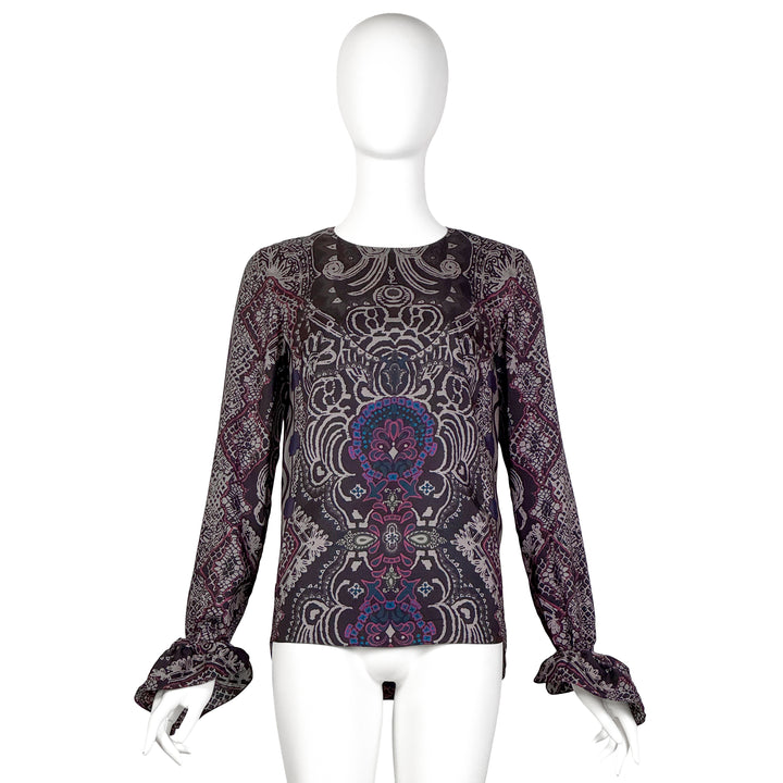 VINTAGE STEFANO PILATI FOR YVES SAINT LAURENT SS 2012 GREY & PURPLE BOHEMIAN PRINT BLOUSE